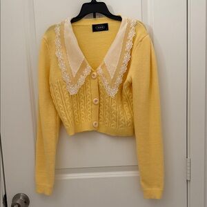 Cider Yellow Cardigan with Lace Collar
